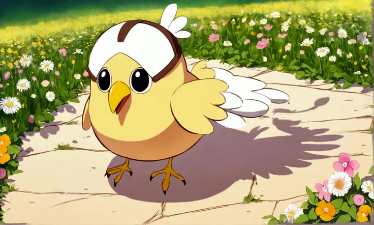 A cute woman (role of a sparrow bird wings, adorable helmet with big bird eyes and beak, bird bikini with tail feathers), she is flying high over a field of flowers hunting big juicy bugs, daytime, her bird shadow is big (priority bird is in flight casting...