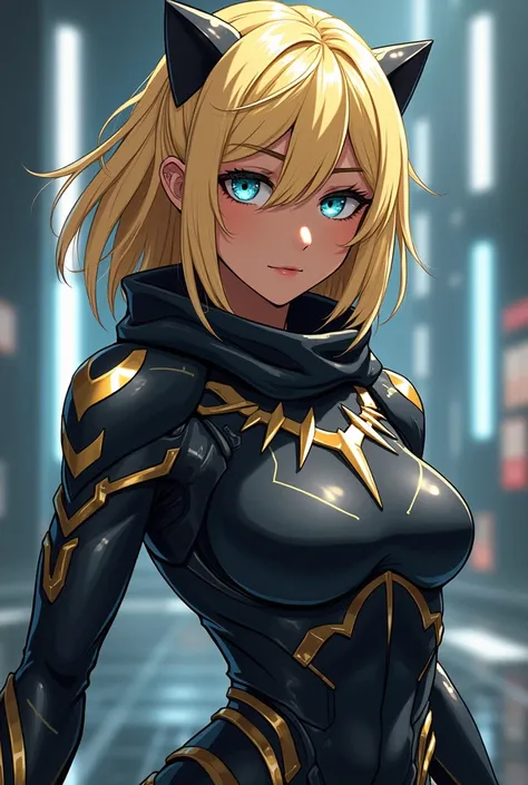 Anime, only (a lady brown skin color) ninja coding materials made Black Panther material and Iron Man‘s suit of armor
(Blonde Hair, Hair Over One Eye, )