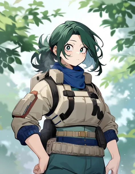 One girl, female focus, Midoriya Izuku but female, boku no hero academia, masterpiece, highest quality, so beautiful, shoulder length hair, full body, reference 
