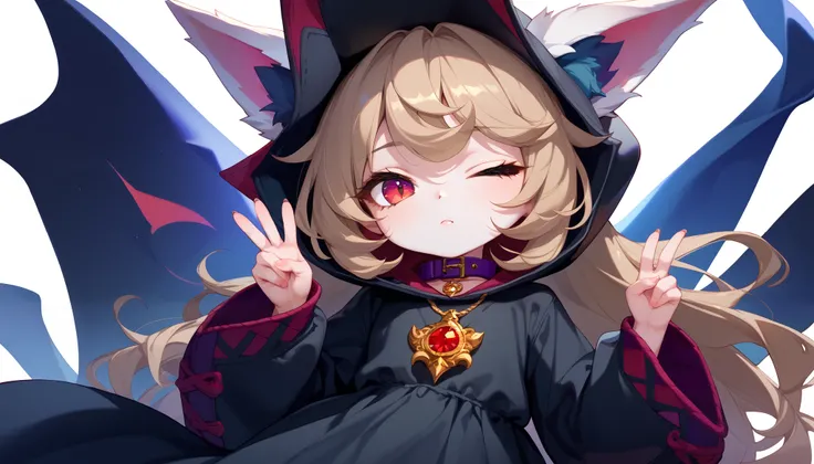 (masterpiece:1.3), (best quality:1.3), (very detailed), (anime style:0.1), game cg, anime coloring,((simple white background)),VexLoLXL,big eyes,yordle,shortstack,red eyes,((light brown hair,bangs,long hair)),shiny_skin,white_skin,white skin,black hood,hoo...