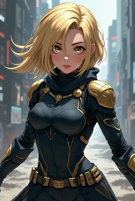 Anime, only (a lady brown skin color) ninja coding materials made Black Panther material and Iron Man‘s suit of armor
(Blonde Hair, Hair Over One Eye, )