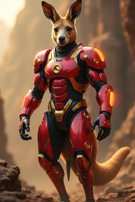 a tall and strong kangaroo wearing armor composed of shiny red and gold metal, with futuristic and highly technological details, which provide protection and superhuman strength. The armor is equipped with repulsors on the palms and feet, allowing it to fl...