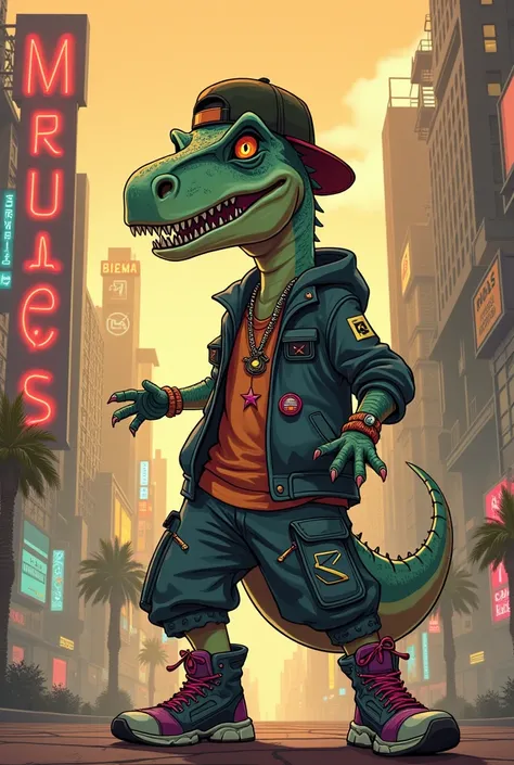 Dinosaur hip hop style cyberpunk cartoon in sépia collor