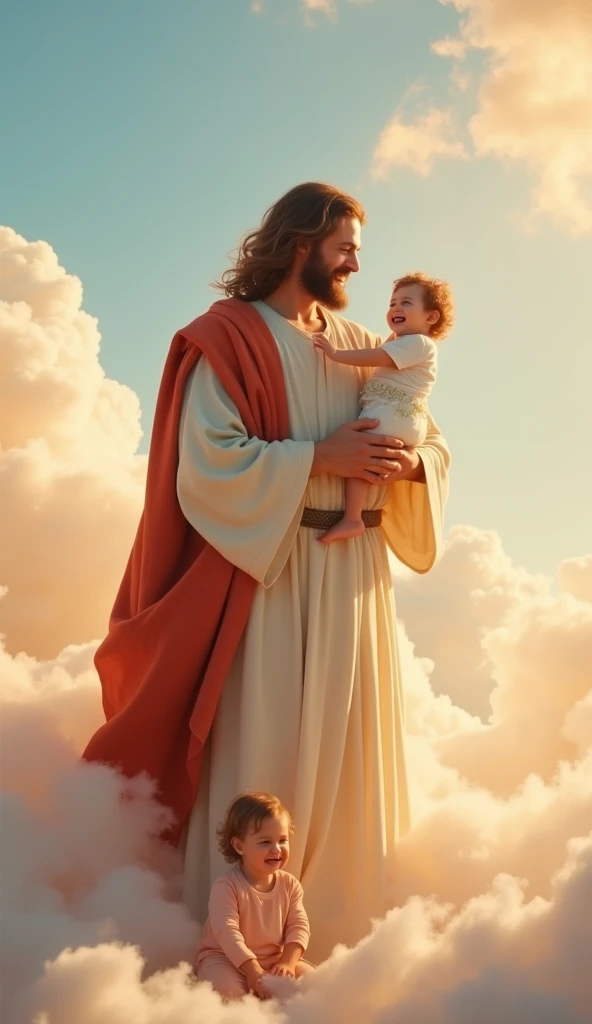 "Create a full-body image of Jesus, a man with medium to long, wavy, light brown hair and a wispy beard, dressed in simple, flowing light beige robes combined with a soft red drape over one shoulder, standing in the middle of a fluffy and bright environmen...