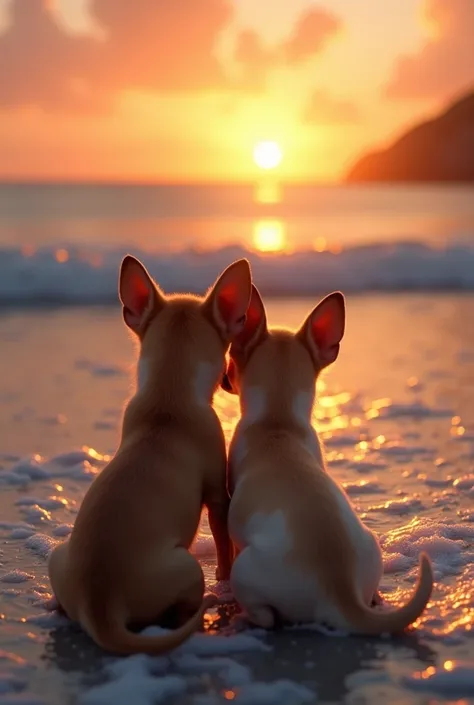 Rear view of two realistic chihuahuas cuddling up at the edge of the waves as the sun sets and watching the ocean