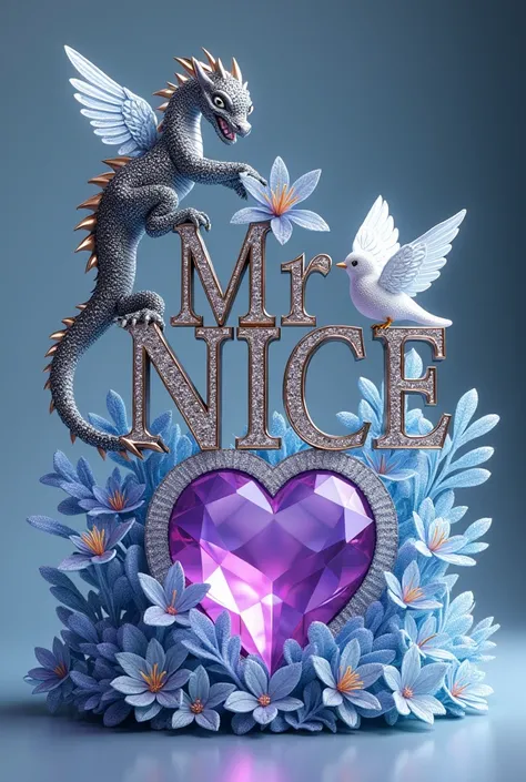 
Create a 3D crystal design of the name mr nice in luxurious, metallic letters, with intricate diamond detailing on each letter. A sparkling dimond dragon with black and white stripes sits on the first letter, and a graceful crystal bird with transparent w...