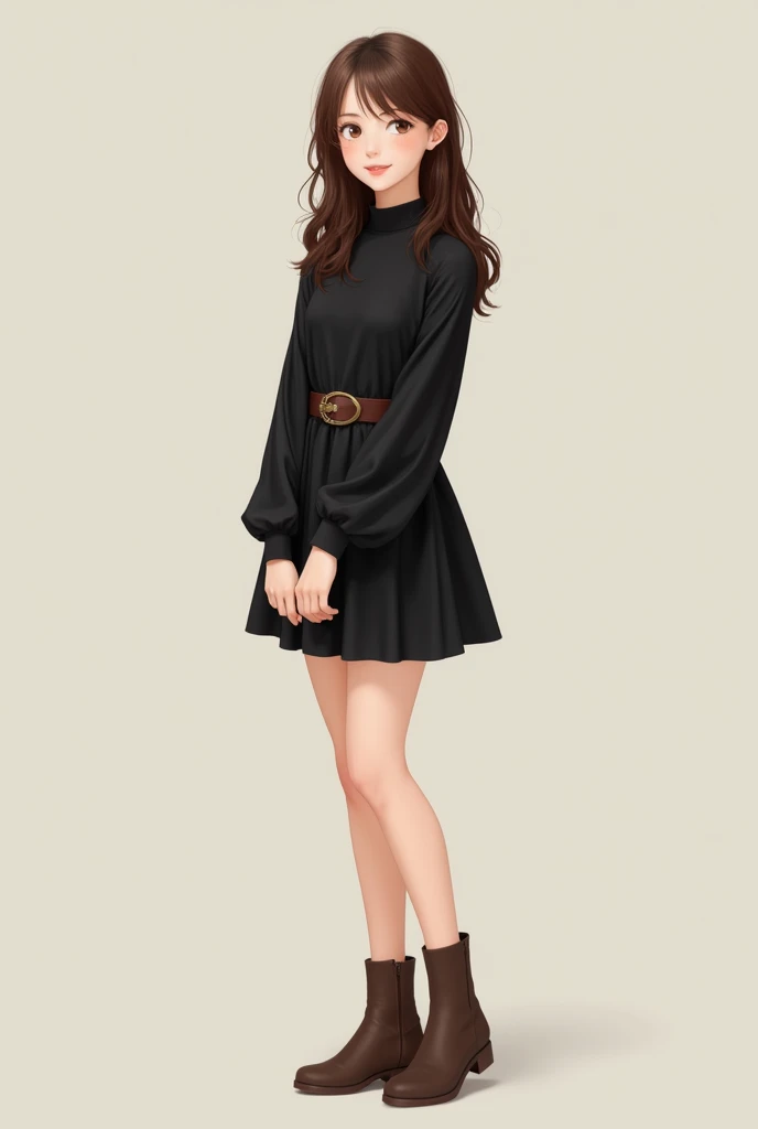 Can you a medium thin girl with brown hair sign who wears brown booties a black short dress with long sleeves and a brown waist belt full body picture 
