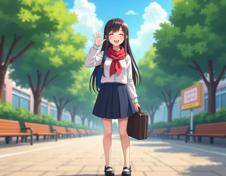 "A cheerful and intelligent female student named Nhi, with long straight hair neatly tied back. She wears a white school uniform shirt, paired with a dark blue pleated skirt, and a distinctive red neck scarf. Her shoes are either black ballet flats or whit...