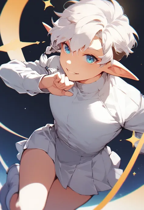 male, femboy, sidelocks, pixie cut, short low ponytail, white hair, blue eyes, elf ears, green skin, wearing white long sleeve shirt, white tight skirt, white high boots, fun pose 