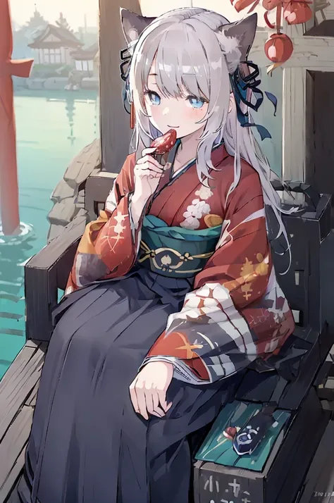 (Vermilion Japanese Kimono :1.6)、( navy blue skirt:1.4),8k、 best quality, masterpiece,  high definition , Alone, ( 1 girl :1.4),  Black cat ears,  Silver Hair、single hair bun、  blue eyes, Full body painting、geta、(smile)、 are opening their mouths、 Japanese ...