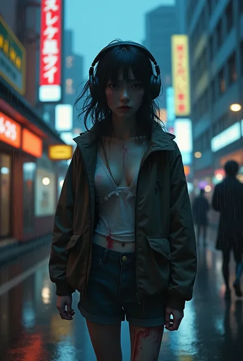 A skinned teenager 
brunette with headphones and jacket in the rain walking around the city of Tokyo