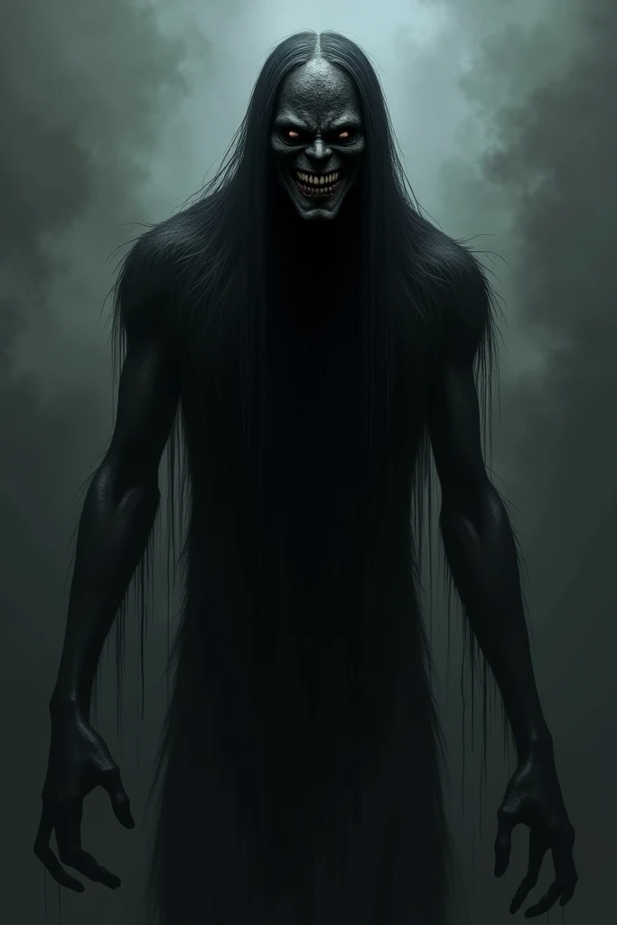 Make me a demonic black entity that is staring at me with deep eyes with a big momo-like smile with huge wet hair and whose body is tall black that is too scary to cause horror