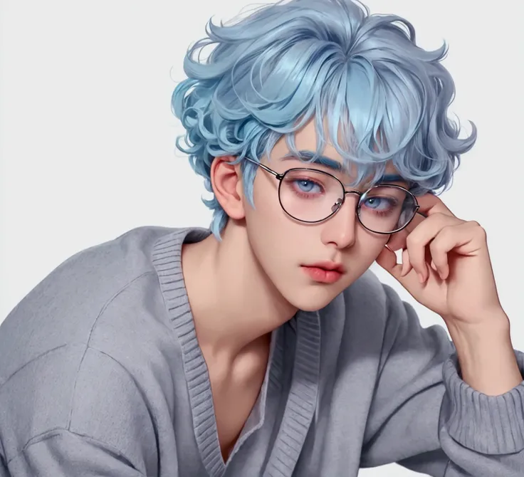 Handsome boy with pastel light blue hair curls, grey eyes, handsome, inviting, sweet and feminine look .  With a slim body and small waist .  wears a white cardigan and shirt several sizes larger.  sleepy eyes . He wears tiny glasses.  sleepy eyes .
