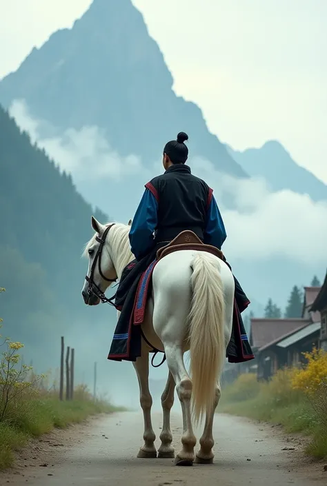    An Asian man wearing a black Mongolian dress, a blue stripe on the arms and collar, is riding a white horse, walking backwards along a rural road., has a high mountain. ,There is thick fog.,Kuk Falls .. There is a village, The right hand holding a sword...