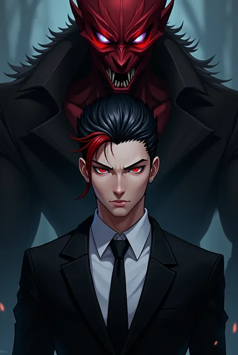 Create a image of a anime man with red fringe and black hair in black suit and red eye with a demon shadow with blue eye,