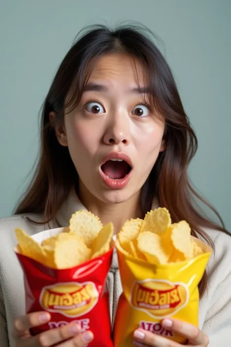 
Create a realistic photograph of a 22-year-old girl with an open mouth and a shocked expression. She should be holding a packet of chips in each hand, clearly displaying the packaging. Her facial expression should convey genuine surprise, with wide eyes a...