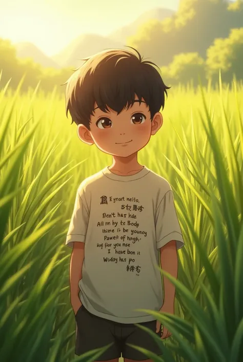  T-shirt with the inscription  "@Ancestor message "  worn by a boy in a rice field