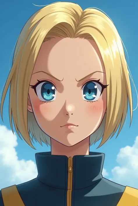 (photorealism:1.2), Android 18 From dragon ball z photorealistic, lije a human, blinking with a blue sky in the background