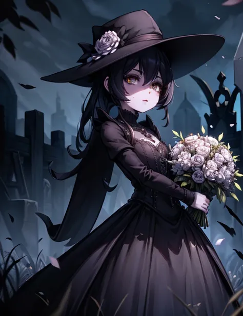 1girl,,face not visible,black Gothic dress,black hat,white bouquet,(holding white bouquet),standing,front,(black petals flying in profusion),night,dark fantasy,cursed graveyard background,masterpiece,best quality,ultra detailed,8k portrait,unity 8k wallpap...