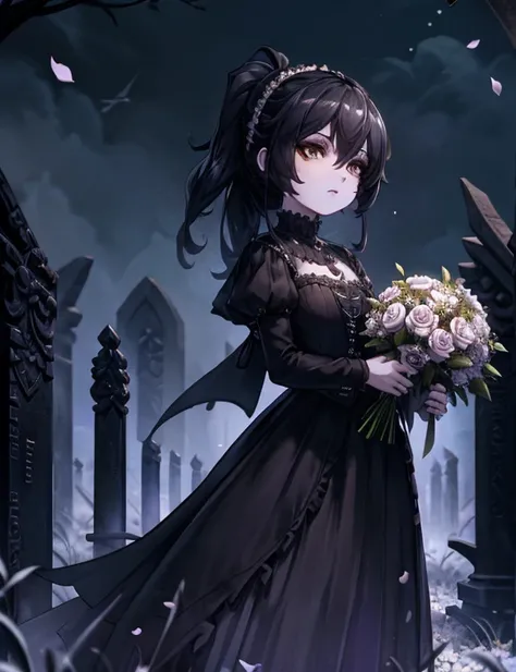 1girl,,face not visible,black Gothic dress,black hat,white bouquet,(holding white bouquet),standing,front,(black petals flying in profusion),night,dark fantasy,cursed graveyard background,masterpiece,best quality,ultra detailed,8k portrait,unity 8k wallpap...