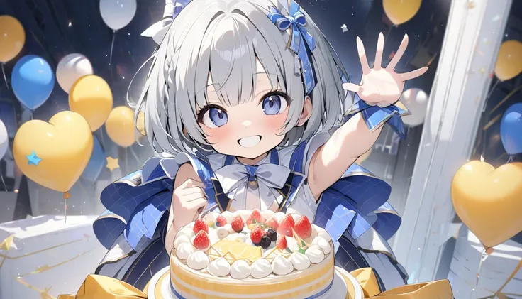 (( High Quality ,最 High Quality ,8k, best image quality))Girl 1,Young,cute,(Gray Hair:1.2),,cute,( short bob:1.2), with little exposure , upper body only、(Dark blue eyes:1.1)、( idol costume:1.3)、 selfie ,smile、birthday、Celebration、Birthday cake、Holding a c...