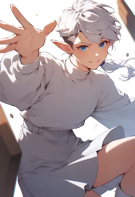 male, femboy, sidelocks, pixie cut, short low ponytail, white hair, blue eyes, elf ears, wearing white long sleeve shirt, white tight skirt, white high boots, fun pose 