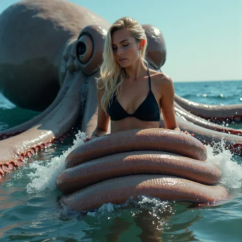 Beautiful fit light pale skinned blonde European woman with big breast and thick thighs in black bikini grappling with one gigantic colossal 80 meter very thick smooth tentacle wrapped firmly around her waist and lower body, colossal tentacle holding her b...