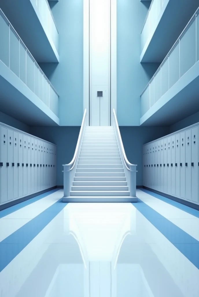 Le couloir d’une école sera dans les tons bleu foncé et bleu un couloir lumineux et spacieux au centre du couloir y aura un acenseur  et des escaliers luxueux en blanc à gauche et à droite y aura des casiers scolaires en blanc avec un sol brillant en blanc...