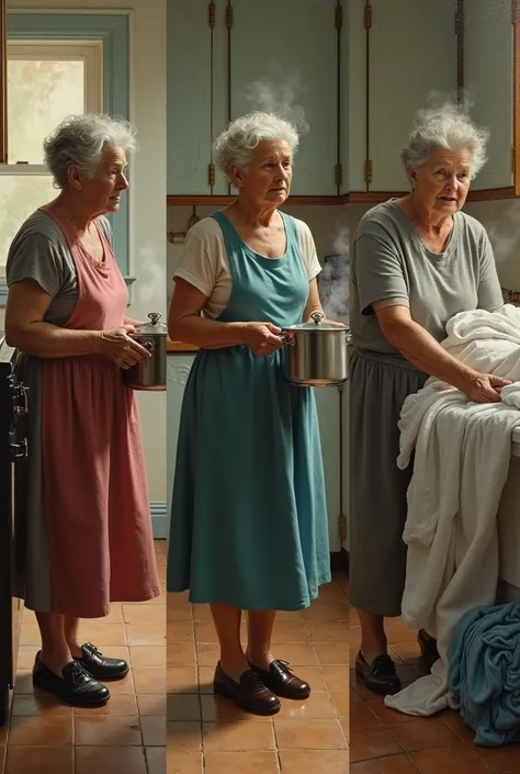 "A middle-aged woman is shown in three separate panels: cooking, sweeping, and washing dishes, symbolizing her constant engagement in household chores."
