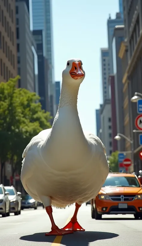 "A giant white goose with intricate feather details and a bright orange beak, striding confidently down a busy urban street. The perspective makes the goose appear colossal, dwarfing the cars and buildings around it. The scene features a lively city atmosp...