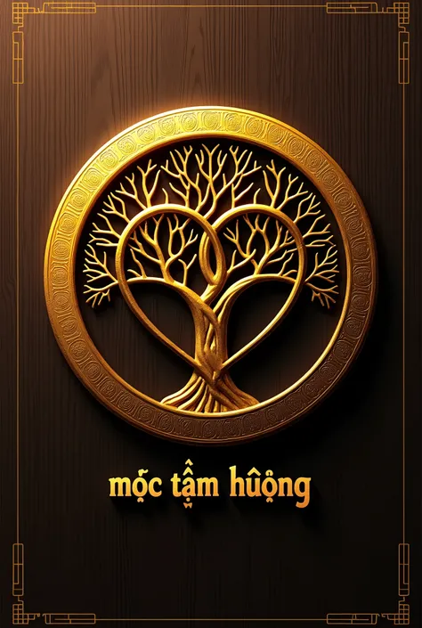 design a logo with a brown background and metallic yellow motifs, the content is about agarwood and the heart circle of a tree, with the word "Moc Tam Huong" below, the design has the ancient features of temples and pagodas of Asia