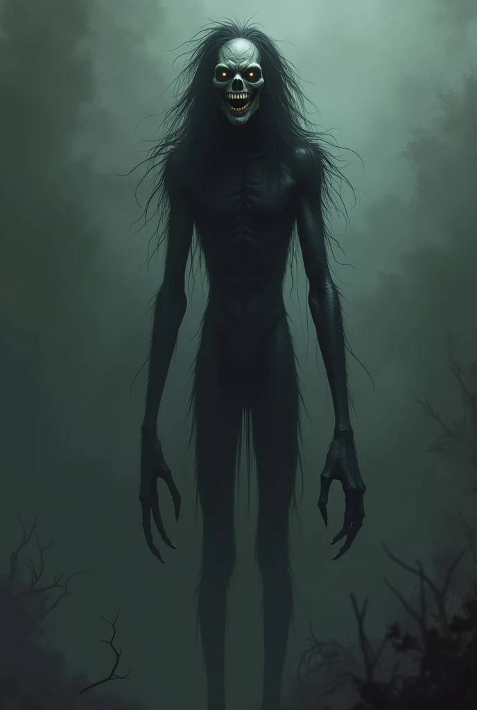 Make me a skinny black demonic entity that is staring into deep eyes with a big momo-like smile with huge wet hair and a tall black body that is too scary to provoke horror with human features