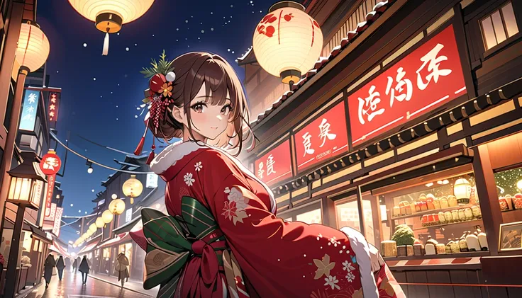 (Highest quality, 4K, 8k, High resolution, masterpiece:1.2), Very detailed, Picturesque, Anime style photo, Photo Anime:1.37)、A beautiful Japanese woman, kimono, 
brown hair, christmas night city, whole body