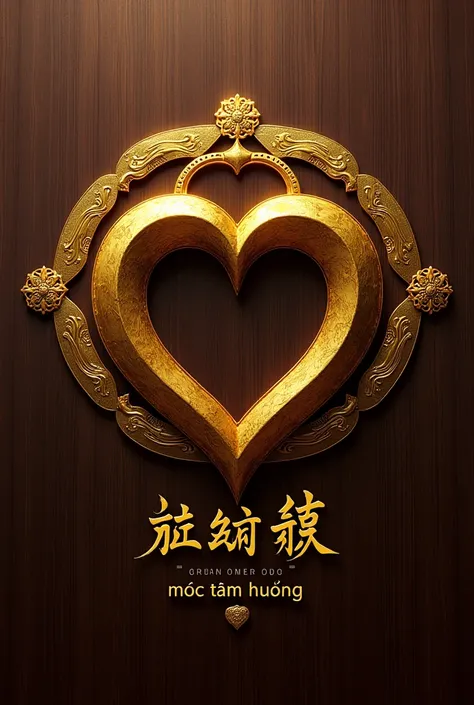 design a logo with a brown background and metallic yellow motifs, the content is about agarwood and the heart circle of a tree, with the word "Moc Tam Huong" below, the design has the ancient features of temples and pagodas of Asia