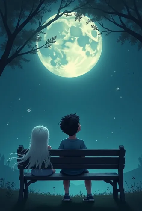 A boy  who looking at the moon .in bench with his  imagine gril friend like ghost  next to him