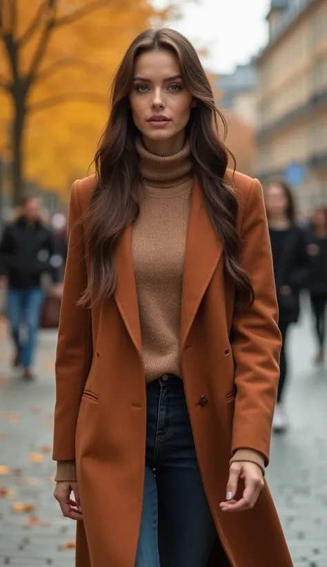 Autumn afternoon, portrait of beautiful woman walking in the city in fashionable autumn clothes, photorealistic, masterpiece, top quality, RAW photo, one woman, solo, long hair, brown hair, detailed face, attractive face, medium breasts, dynamic pose, view...