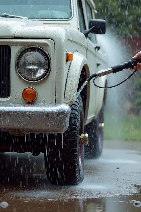 Hippo washed a car with a pressure washer 