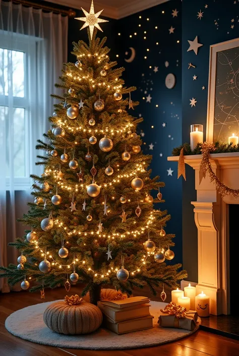 A celestial-themed Christmas tree adorned with star-shaped ornaments, crescent moons, and metallic gold and silver accents. The room is lit with twinkling fairy lights and features a night-sky-inspired backdrop with dark blue and gold tones. Constellation ...