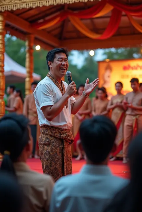 A lively scene at a traditional Thai event, set on a stage decorated with intricate Thai designs and colorful fabrics. A Thai man, dressed in traditional Thai clothing such as a shirt and sarong, stands confidently at the center of the stage holding a micr...