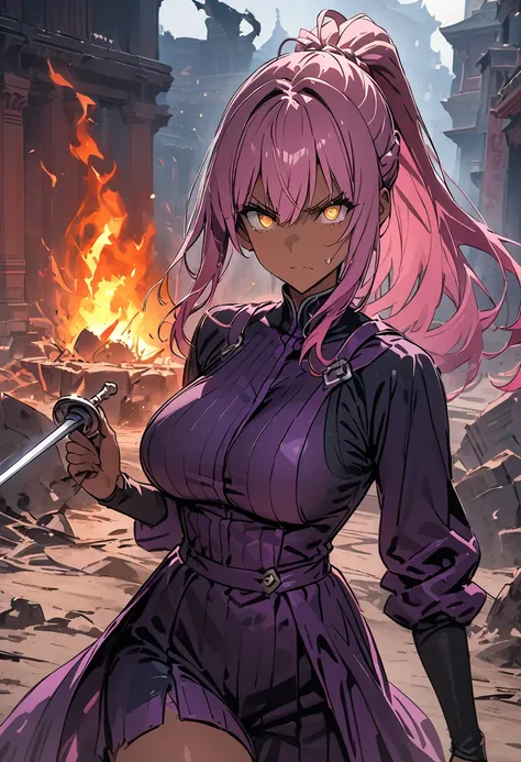 masterpiece, best quality, 8k, 1 woman ((30 years old)), dark skin, glowing gold eyes, pink hair, ponytail, She is wearing a  black and purple fencers outfit, ((fencers pose)), she is using a rapier, looking defiantly at the viewer, serious, walking toward...