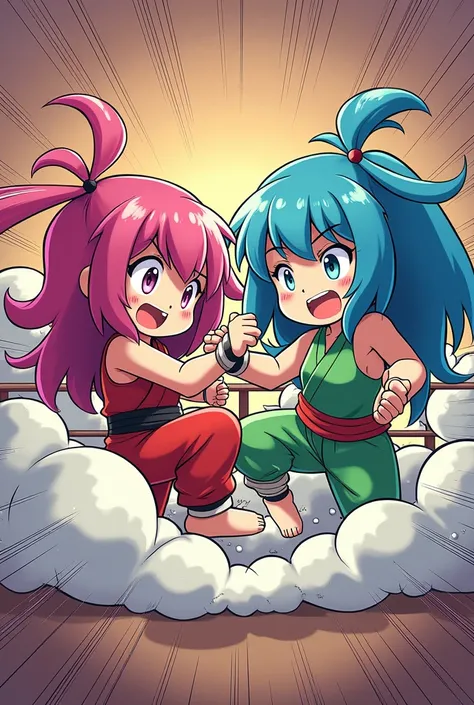 An anime-style comic depicting many kung fu girls playfully wrestling with each other inside a ring comical fight cloud.
each kung fu girl has different  colored hair.
their faces,hands,and feet are visible emerging from the cloud as they tussle humorously...