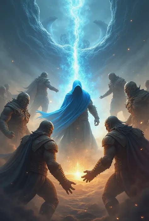 create 8 powerful gods but one of them is in long blue cloak hooded with ancient markings with shadow face fighting at each other performing a circle