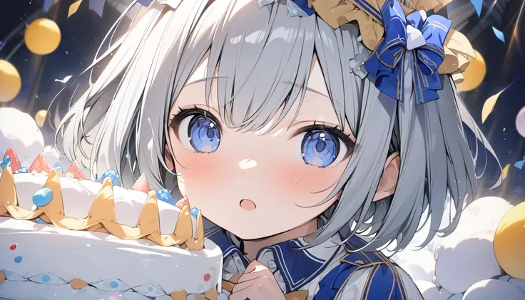 (( High Quality ,最 High Quality ,8k, best image quality)),Girl 1,cute,(Gray Hair:1.2),( short bob:1.2), with little exposure , upper body only、(Dark blue eyes:1.1)、( idol costume:1.3)、birthday、Celebration、Birthday cake、Holding a cake with both hands、Close-...