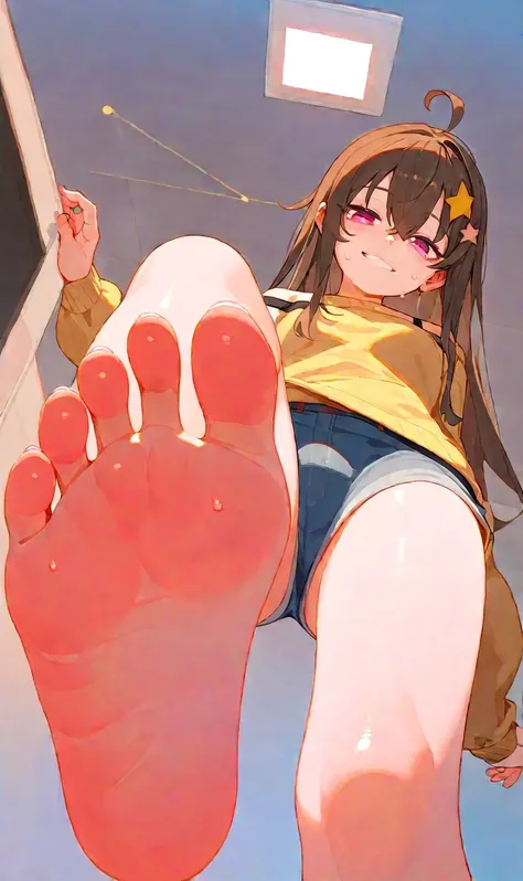 A woman showing her feet，One-leg stand， low angle，Sweating soles of feet，Bangs between eyes，Yellow off-the-shoulder sweater ，black shoulder strap ， pink eyes，denim shorts， long hair，  dark brown hair  ， There is a yellow five-pointed star hair ornament on ...