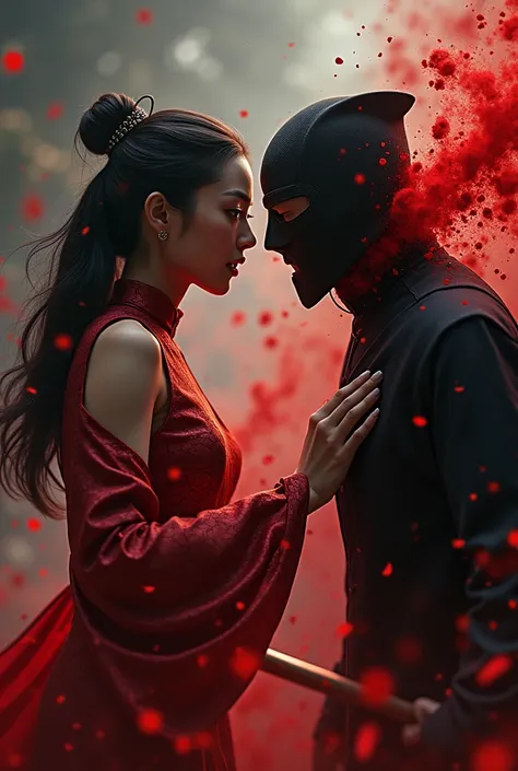 Hight quality, realistic, very beautiful woman donghua, woman kill ninja, ninja dead, cut throat a male ninja, male ninja, male ninja full face mask, ninja neck Splash blood, Chinese woman, woman knife, woman very thick hair, woman beauty Cheongsam