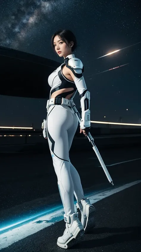 Create an image of a futuristic sci-fi character named ‘Seira Crawford.’ She is a determined and charismatic team leader with short, practical hair and a sharp, confident gaze. Seira wears a sleek white tactical suit with gold accents, designed for mobilit...