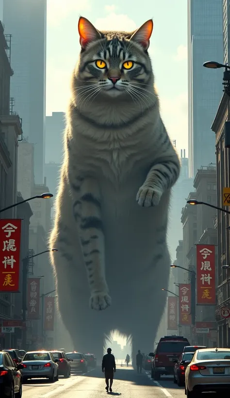 "A surreal urban scene featuring a colossal cat towering over the tallest skyscrapers, its massive size dominating the city skyline. The cat has detailed tabby fur with intricate patterns and glowing golden eyes that exude mystery and majesty. Its expressi...