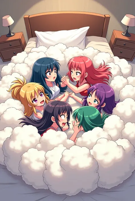 An anime-style comic depicting many fightergirls playfully wrestling with each other inside a big bed comical fight cloud.
each fightergirl has different  colored hair.
their faces,hands,and feet are visible emerging from the cloud as they tussle humorousl...