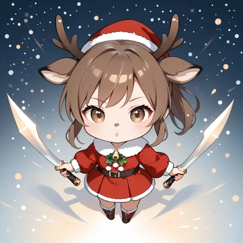 (1 chibi girl, solo:1.2), pov, cute, big droopy eyes, brown hair, long hair, brown hair, ponytail,
deer antlers, deer face, holding sword, with santa claus, fighting pose,
dynamic angle, dynamic lights, patel, (masterpiece, best quality, hyper detailed:1.2...