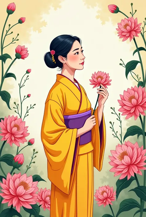 In the chrysanthemum garden in full bloom 、[ yellow kimono and purple belt ]Wearing[Mature woman]but、 hold a chrysanthemum in your hand and indulge in pensive thoughts。As a coloring book、Simple Line、 no grayscale 、 without shading、 cute、Simple lines, clear...